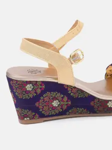 House of Pataudi Gold-Toned & Purple Braided Design  Wedge Heels