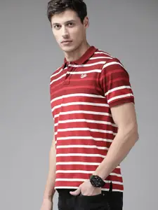 Roadster Men Maroon  White Striped Polo Collar Pure Cotton T-shirt