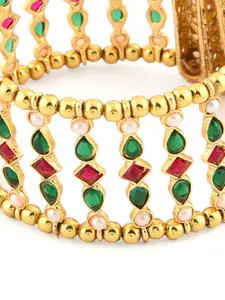 Zaveri Pearls Women Pink & Green Kundan Gold-Plated Cuff Bracelet