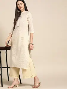 Anouk Women Off-White & Beige Cotton Chevron Zari Jacquard Woven Design Kurta