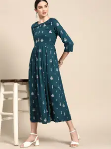 Anouk Teal Green & Gold Ethnic Motifs Foil Print Cotton Midi Fit & Flare Dress