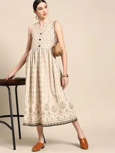 Anouk Beige & Coffee Brown Digital Ethnic Motifs Print Crepe Midi Fit & Flare Dress