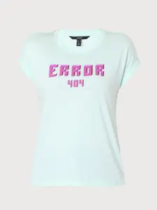 Vero Moda Women Blue Typography Printed Extended Sleeves T-shirt