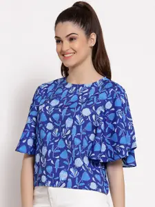 Style Quotient Blue Floral Print Crepe Top
