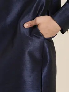 VASTRAMAY Men Blue & Cream-Coloured Solid Angrakha Kurta Sherwani Set