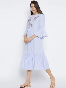 Bitterlime Blue Striped Floral Embroidered A-Line Midi Dress