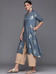 Biba Women Blue & Golden Ethnic Motifs Printed Asymmetric Kurta