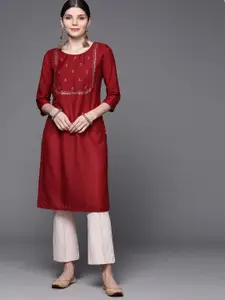 Biba Women Red Ethnic Motifs Embroidered Regular Sleeves Thread Work Kurta