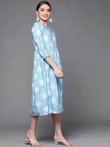Biba Women Blue & White Ethnic Motifs Print A-Line Midi Dress