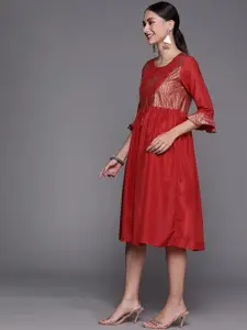 Biba Red & Golden Ethnic Motifs Printed Embroidered Detail A-Line Midi Dress