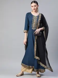 Readiprint Women Blue Gotta Patti Indigo A-Line Style Kurta & Dupatta