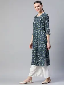 Readiprint Women Blue & Green Cotton Geometric Batik Print Kurta with Sequins