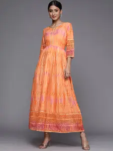 Libas Orange & Pink Dyed Geometric Embroidered Schiffli Gotta Patti Cotton Maxi Dress