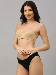 PrettyCat Women Beige & Black Strapless Tshirt Bra Panty Set