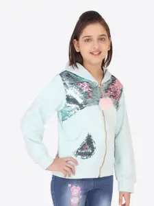 CUTECUMBER Girls Turquoise Blue Sequined Hooded Sweatshirt