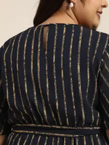 Sztori Women Plus Size Navy Blue & Golden Striped A-Line Dress