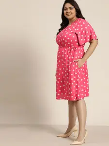 Sztori Plus Size Pink & White Polka Dots Printed Tie-Up Detail A-Line Dress