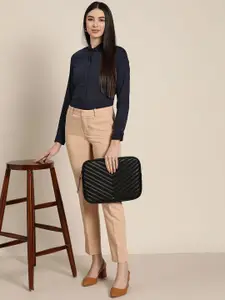 Hancock Women Navy Blue Solid Slim Fit Formal Shirt