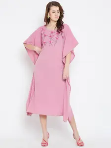 Bitterlime Pink & Green Floral Embroidered Crepe Kaftan Midi Dress