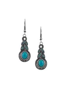 Yellow Chimes Silver-Plated Turquoise Blue Oxidised Contemporary Drop Earrings