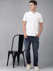 U.S. Polo Assn. U S Polo Assn Men White & Blue Printed Polo Collar Slim Fit Pure Cotton T-shirt