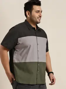 Sztori Men Plus Size Black & Grey Melange Colourblocked Pure Cotton Casual Shirt
