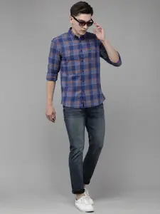 U.S. Polo Assn. Denim Co. U S Polo Assn Denim Co Men Blue And Orange Checked Pure Cotton Casual Shirt