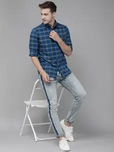 U.S. Polo Assn. U S Polo Assn Men Blue Tailored Fit Windowpane Checked Pure Cotton Casual Shirt