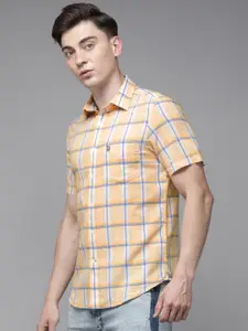U.S. Polo Assn. Men Beige Tailored Fit Tartan Checks Opaque Linen Cotton Casual Shirt