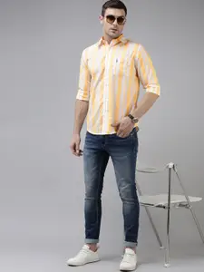 U.S. Polo Assn. Men Mustard Yellow & White Tailored Fit Striped Casual Shirt