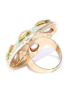 Priyaasi Gold-Plated White & Green Kundan-Studded Adjustable Meenakari Finger Ring