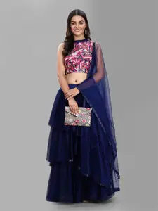 DIVASTRI Navy Blue & Pink Semi-Stitched Ruffle Lehenga & Unstitched Blouse With Dupatta