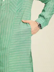House of Pataudi Men Green & Silver-Coloured Striped Pathani Kurta with Shoulder Tabs