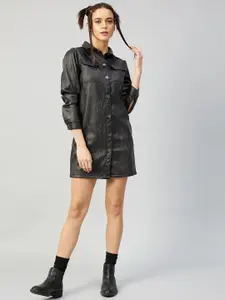 Athena Charcoal Black Leather Shirt Mini Dress