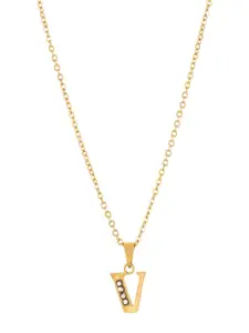 BEWITCHED Gold-Toned & White Stone Studded Letter V Charm Pendant With Chain