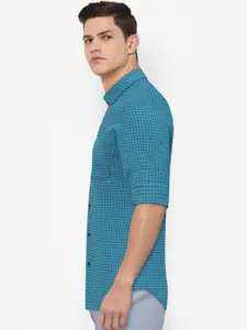 Peter England Elite Men Blue Checked Pure Cotton Formal Shirt