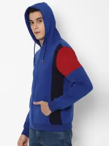 Allen Solly Men Blue & Red Colourblocked Hooded Pure Cotton Sweatshirt