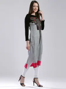 W Women Grey Melange Printed Straight Winter Kurta