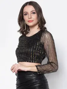 Sera Black & Gold-Coloured Embellished Crop Top