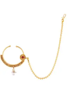 I Jewels Gold Plated Handcrafted Kundan-Studded Chained Nose Ring