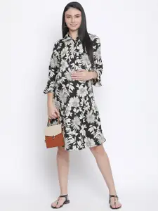Oxolloxo Black Floral Satin Floral Print Maternity Shirt Dress