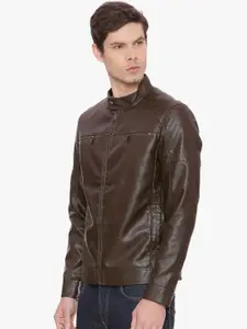 Basics Men Brown Solid PU Biker Jacket