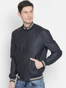 Basics Men Navy Blue Solid Bomber Jacket