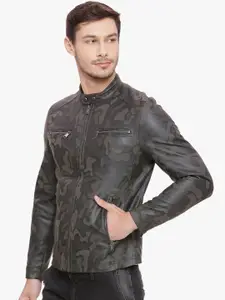 Basics Men Brown Camouflage Printed PU Biker Jacket