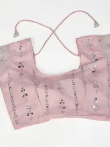 SHOPGARB Peach & Silver-Toned Semi-Stitched Lehenga & Unstitched Blouse With Net Dupatta