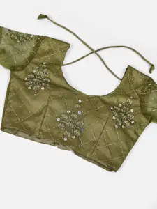 SHOPGARB Lime Green & Silver-Toned Embroidered Semi-Stitched Lehenga & Unstitched Blouse