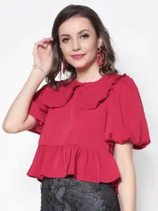 Sera Women Maroon Solid Peter Pan Collar Peplum Top