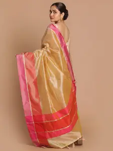 Indethnic Silver-Toned & Pink Paisley Zari Banarasi Saree