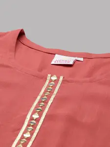 Neerus Women Rust Chevron Keyhole Neck Thread Work Kurta