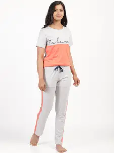 mackly Women Cream-Coloured & Pink Printed Night suit